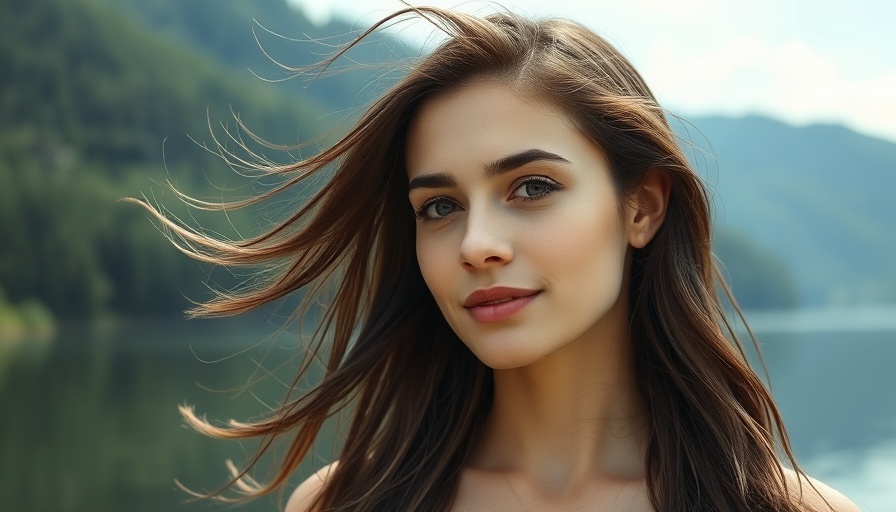 Woman by the lake with serene expression and natural backdrop.