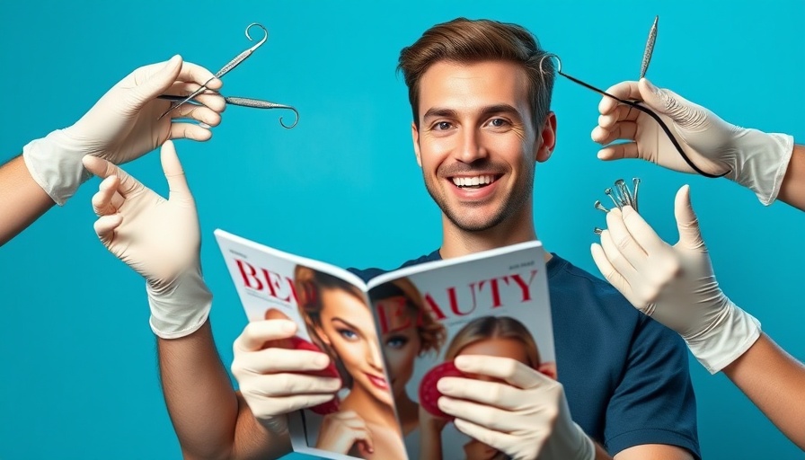 Smiling man with marked face surrounded by cosmetic tools, male cosmetic procedures concept.