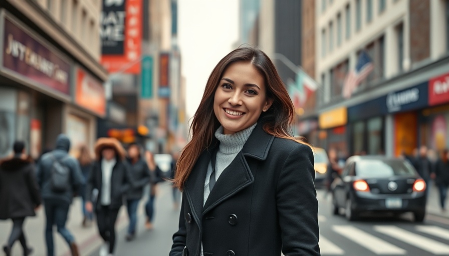 Smiling woman on city street in black coat, vibrant urban scene.