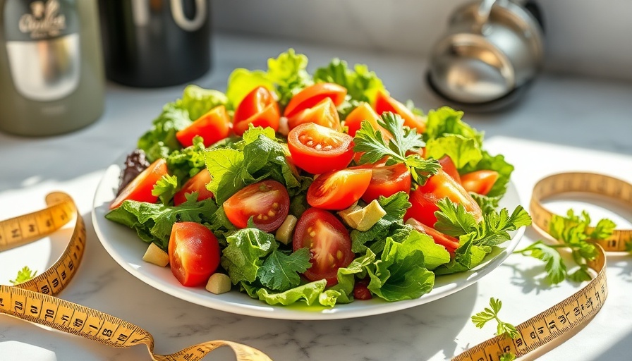 Fresh salad with measuring tape and utensils, healthy lifestyle.