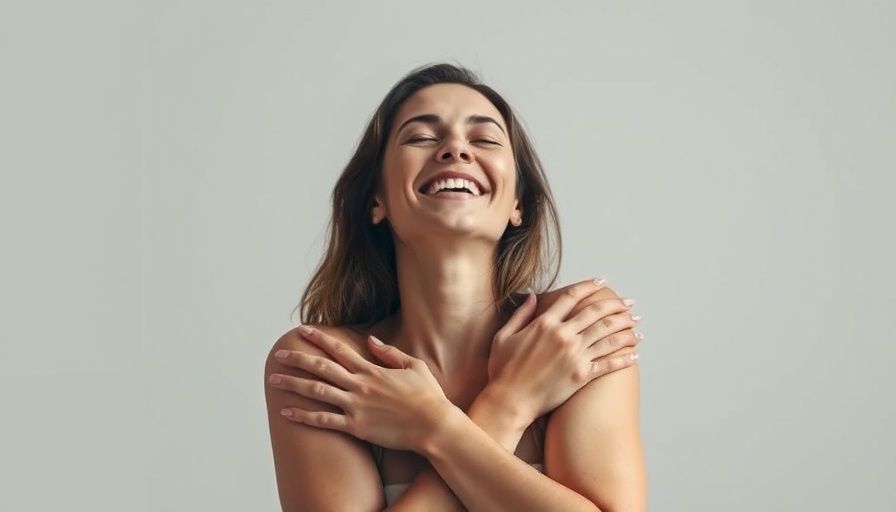 Joyful woman embracing self, highlighting aesthetics and self-affirmation.