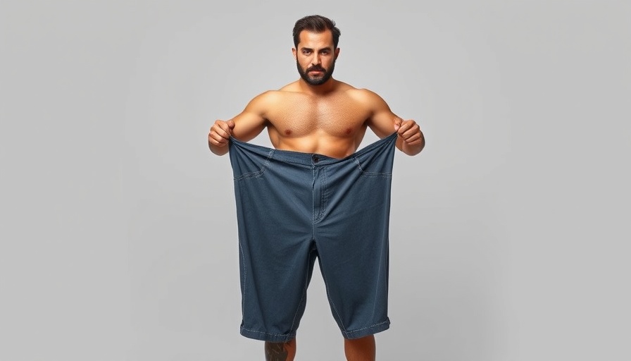 Personalized liposuction results showing fit man with oversize pants.