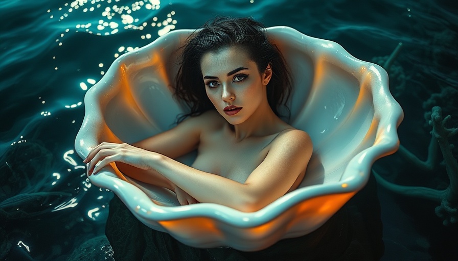 Ethereal woman with dark siren makeup in a pearl shell, oceanic setting.