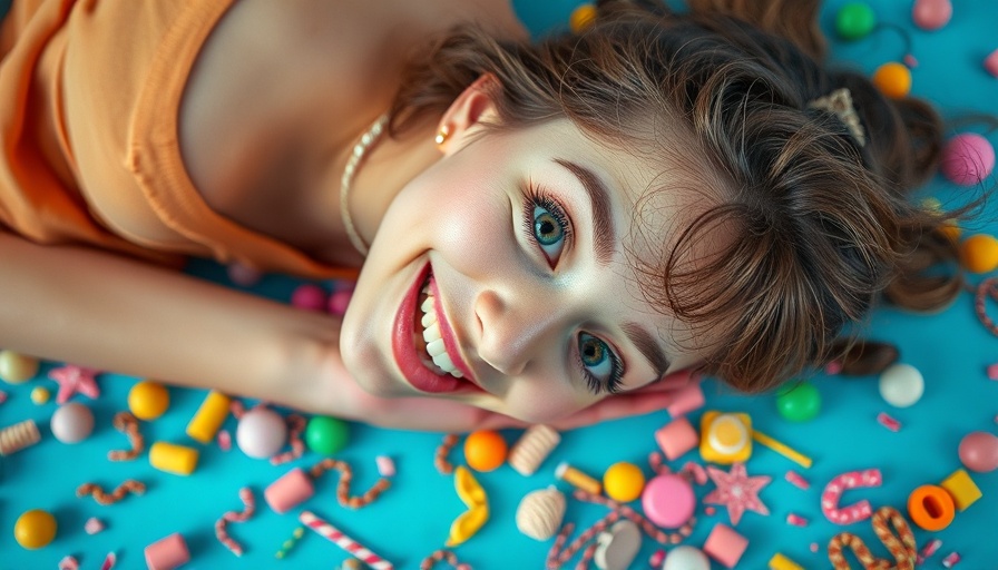 Whimsical woman with doll makeup in colorful setting on blue background.