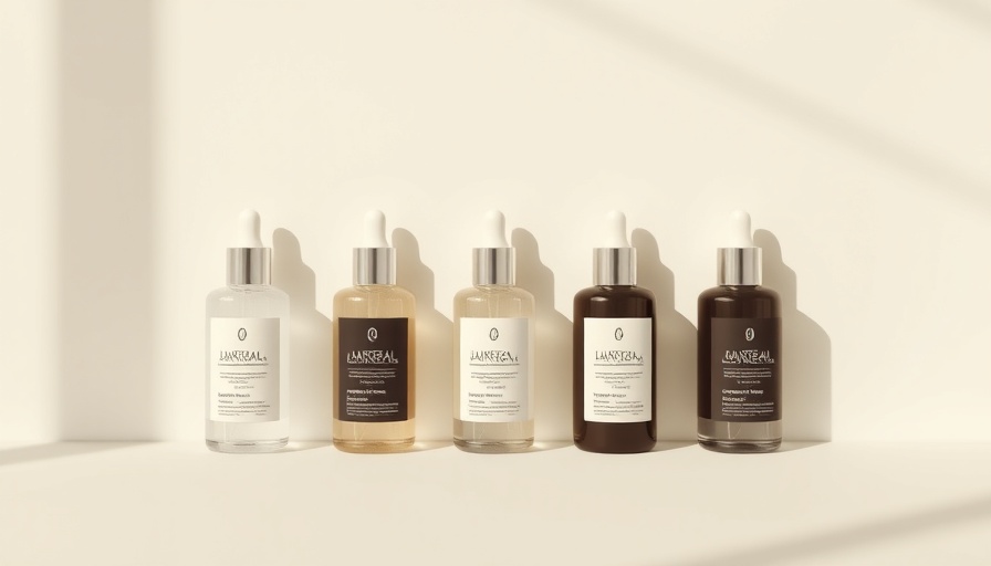 Five elegant body serum bottles on a light surface with soft shadows.