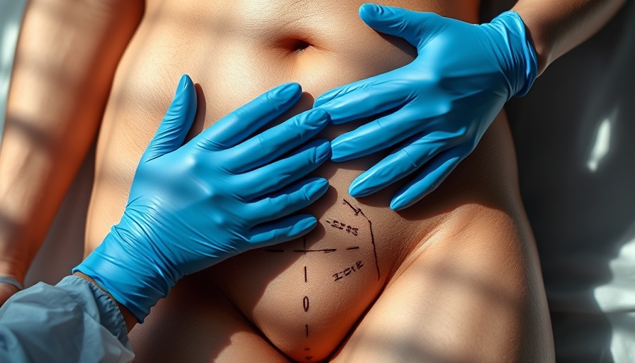 Liposuction preparation with body markings and professional hands.