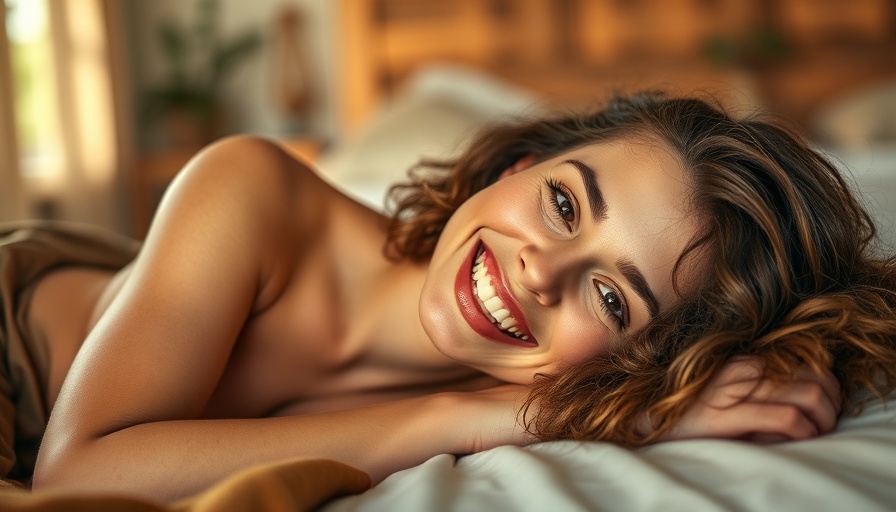 Joyful woman relaxing on bed, smiling brightly.