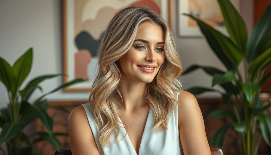 Woman with blonde hair in cafe setting, surrounded by plants.