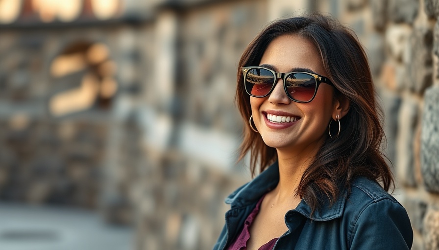 C.O. Bigelow styled woman with sunglasses outdoors.