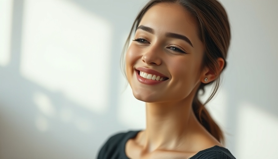 Elegant woman smiling softly in a blurred text background, dot system.