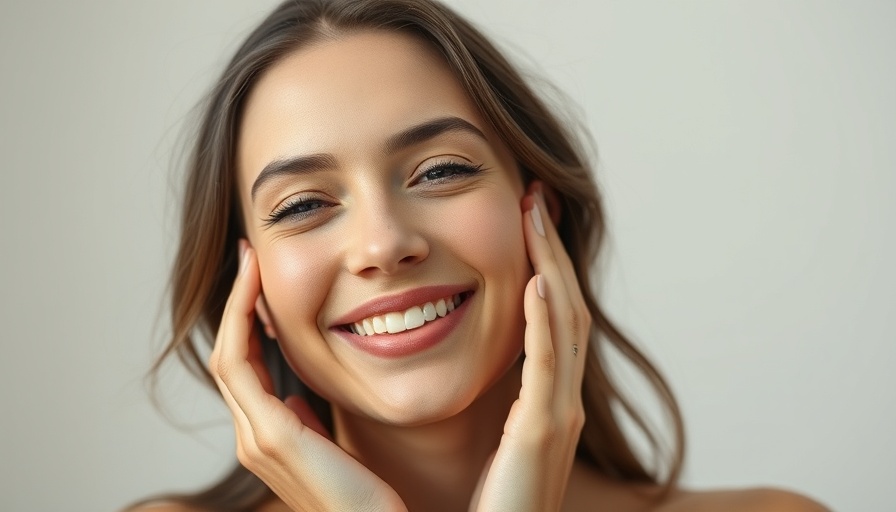 Radiant woman showcasing skincare trends with gentle touch.