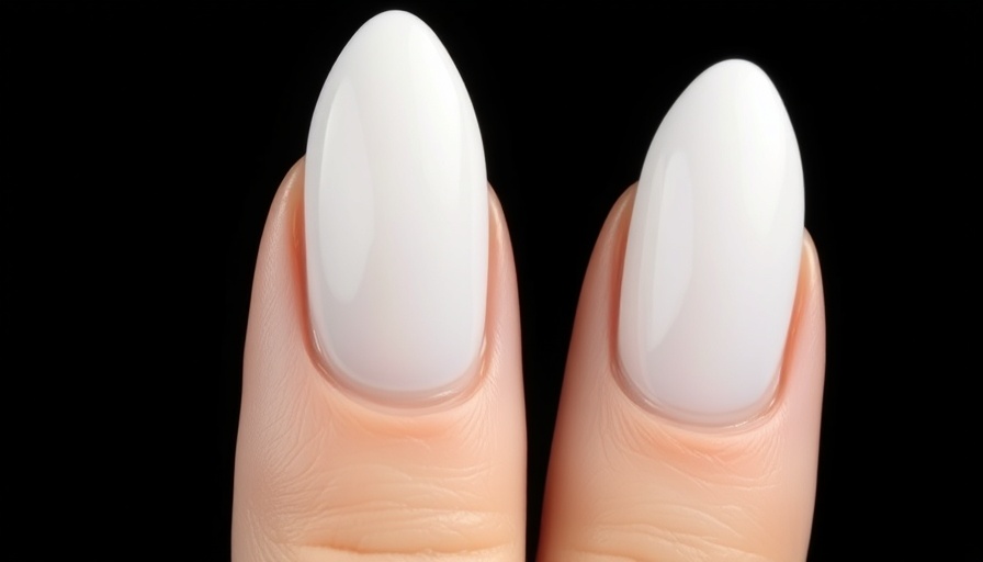 Close-up of white chocolate dipped almond nails with a glossy finish.