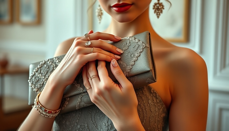 Elegant woman with vintage manicure holding a shiny clutch.