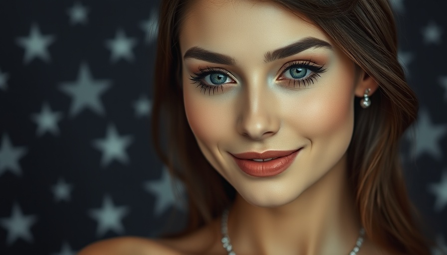 Elegant woman wearing self-adhesive lashes, soft background stars.