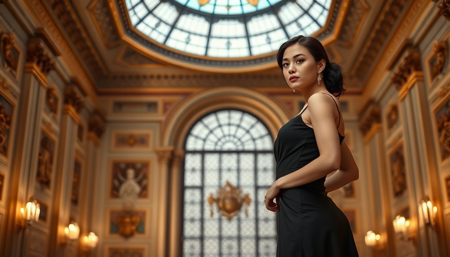 Elegant woman in black dress, poised in ornate interior.