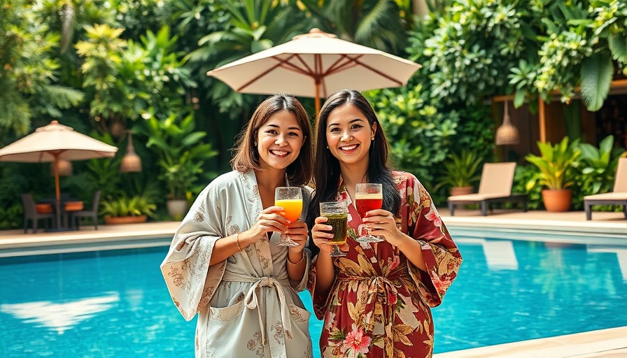 Chic MD mobile app benefits display with women by the pool.