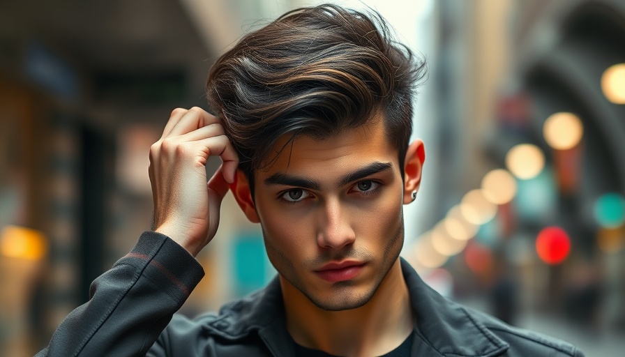 Stylish men's haircut for 2025 with textured dark hair, urban setting.
