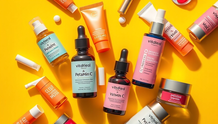 Vitamin C and Peptide Eye Cream bottles on a bright yellow background.