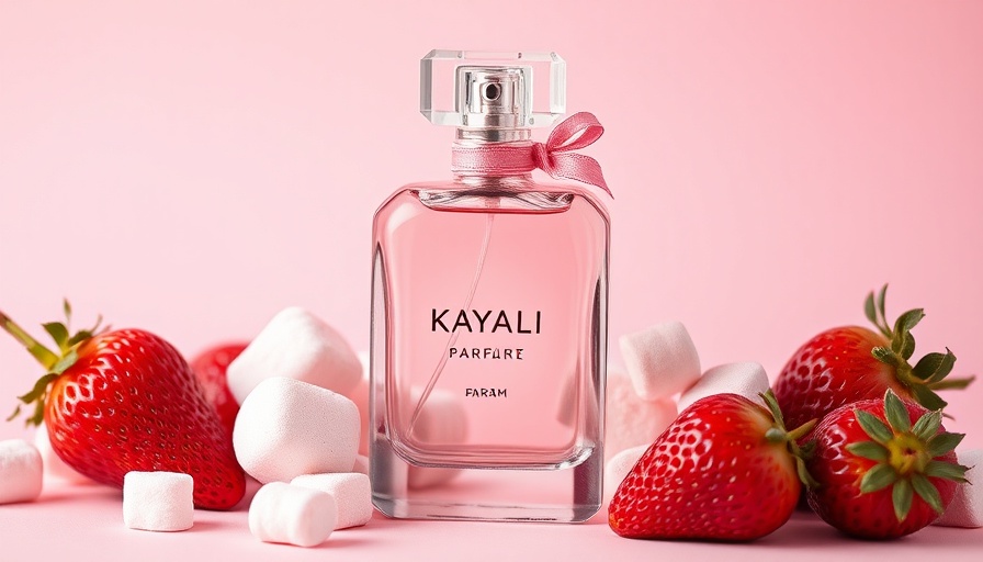 Glossy Kayali perfume with strawberries and marshmallows.