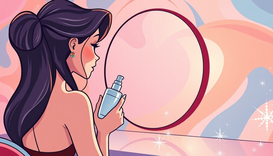 Cartoon woman examines skincare bottle in stylized setting.