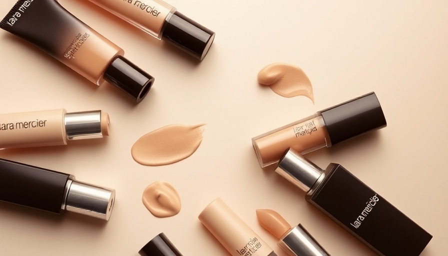 Laura Mercier makeup products arranged on beige background.