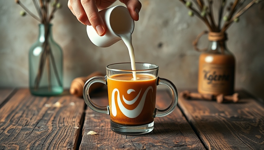 Hand pouring milk into coffee on rustic table, evoking Milk and Coffee Fragrances.