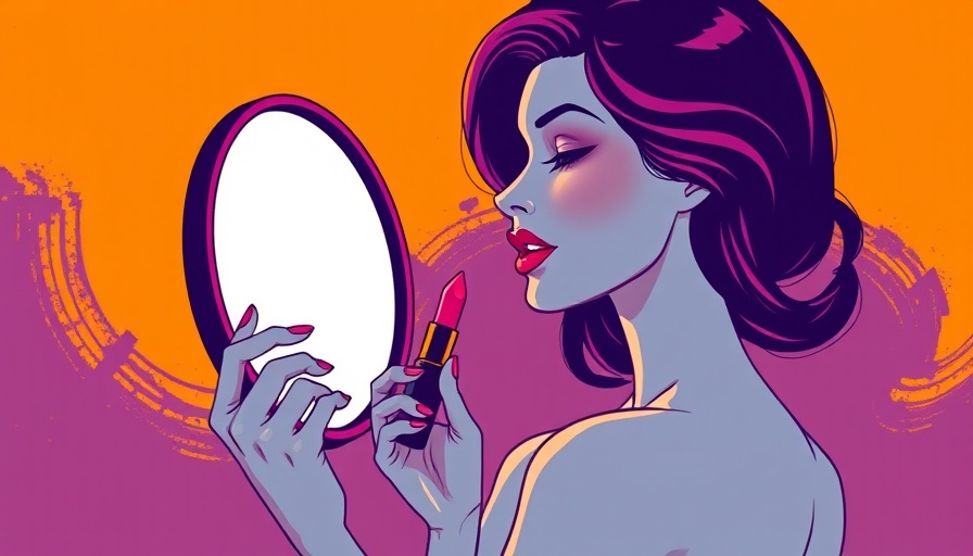 Stylized woman holding lipstick in abstract setting.