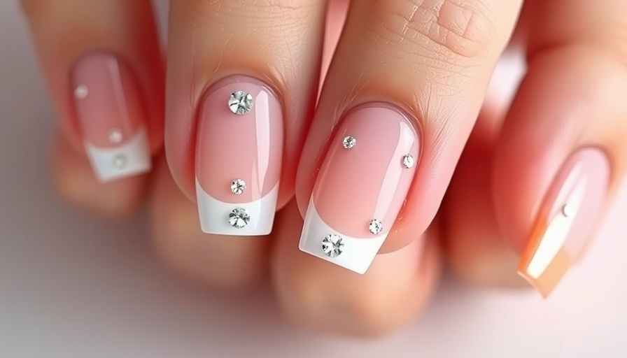 Crystal French manicures with delicate gems on soft pink base.