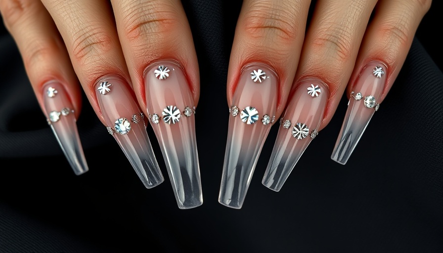 Clear glass nails embellished with jewels on a hand.