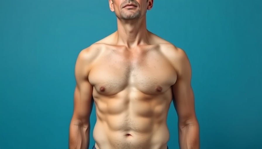Gynaecomastia surgery candidate's torso on blue background.