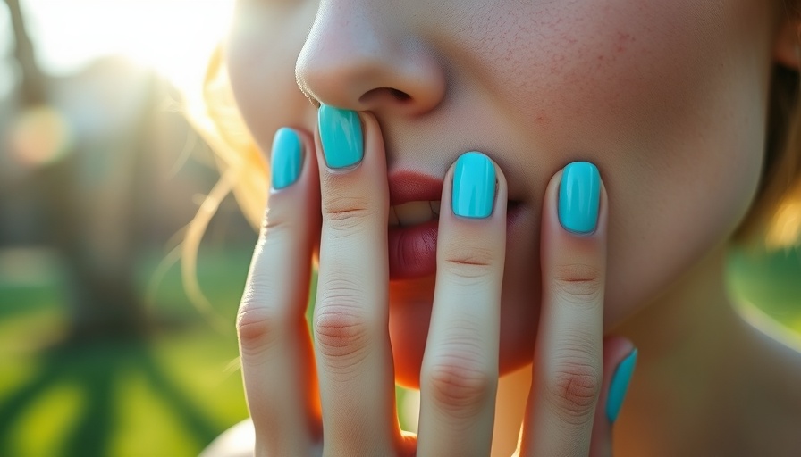 Profile of a woman with blue nail polish in spring.