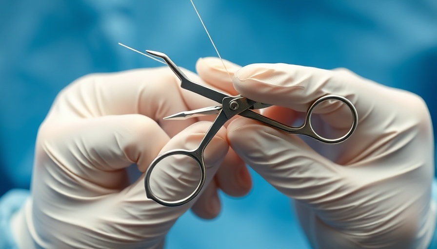 Close-up of suture thread and scissors held by gloved hands, medical precision.