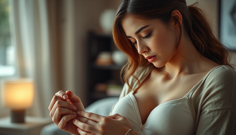 Young woman examines fabric breast model in cozy setting.