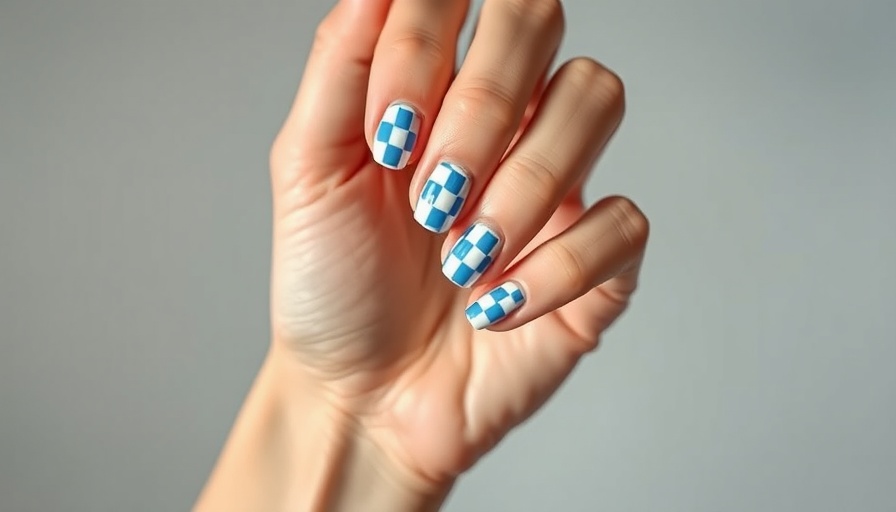 Elegant checkered nails with blue and white design in close-up.