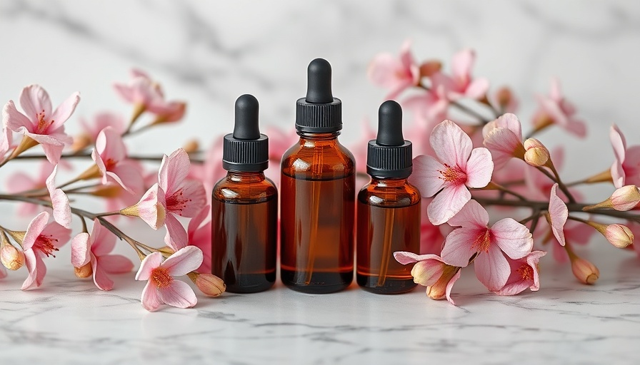 Essential oils and flowers on marble for health benefits promotion.