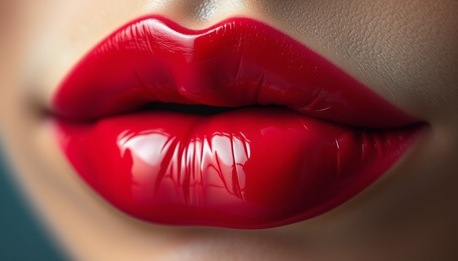 Close-up of glossy red lips with popular tinted lip oils.
