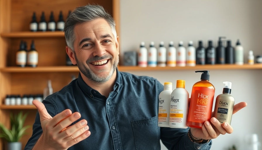 Smiling man promoting products to thicken your hair on a wooden shelf.