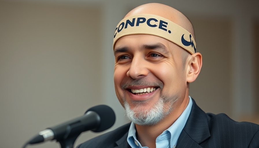 Man with confidence headband celebrating uniqueness in beauty, speaking.