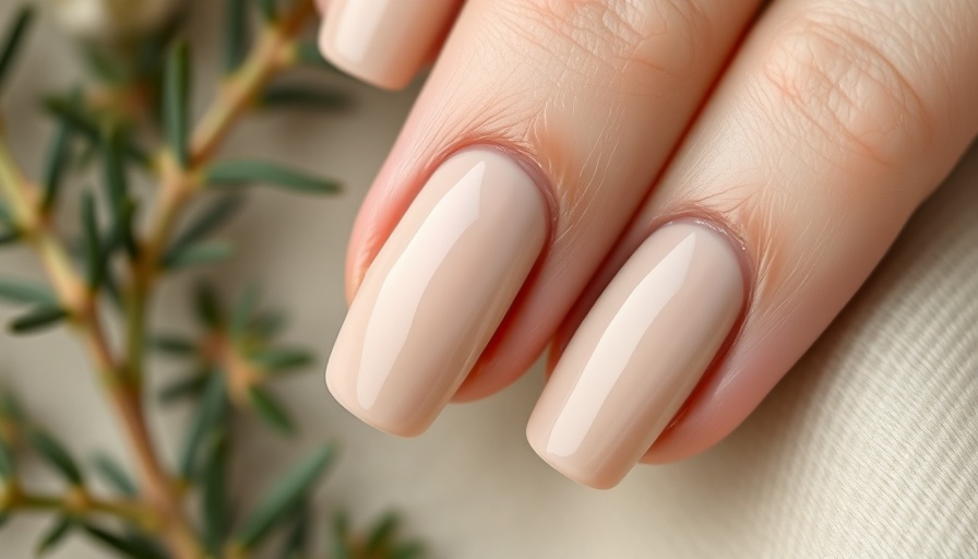 Elegant greige nail polish on manicured fingers, natural background.