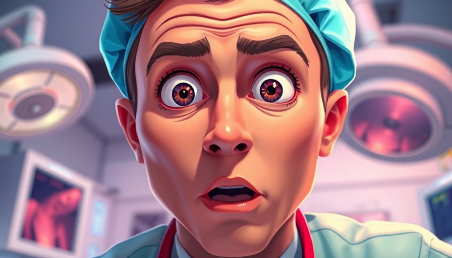 Avoid Botched Cosmetic Surgery: Surprised doctor reacts to surgery mishap, cartoon style.