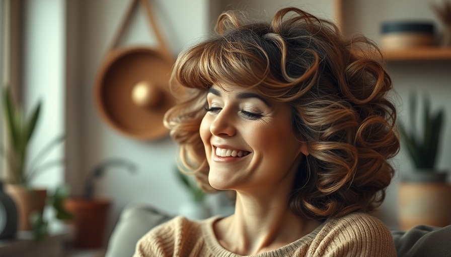 Woman with a voluminous 70s hairstyle softly smiling.