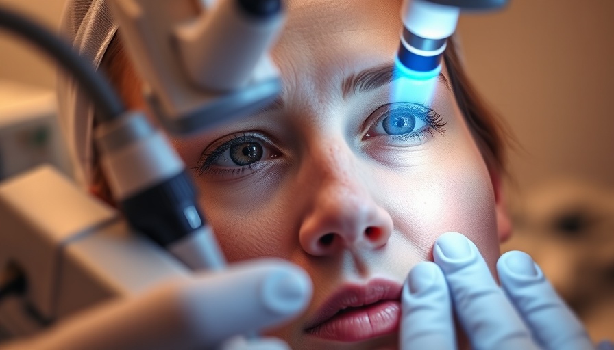 Professional explaining eyelid laser resurfacing procedure in clinic.