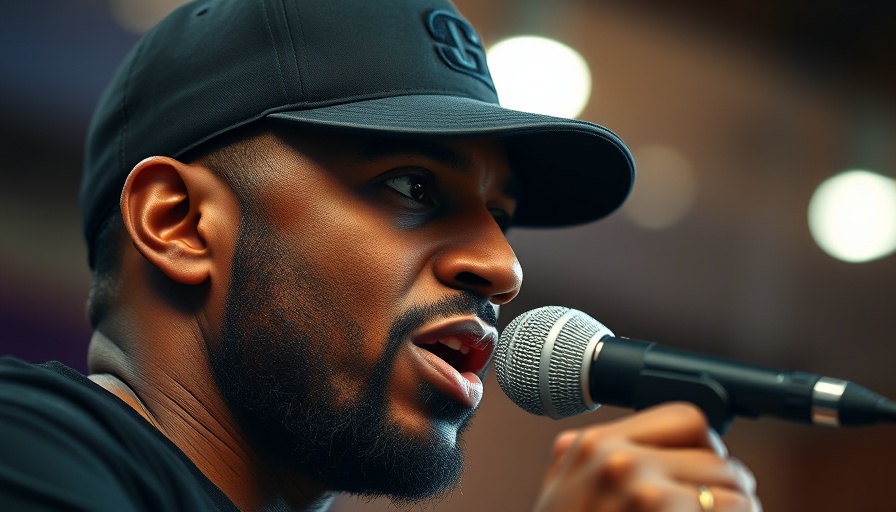 Man with black cap speaking into microphone in close-up view.