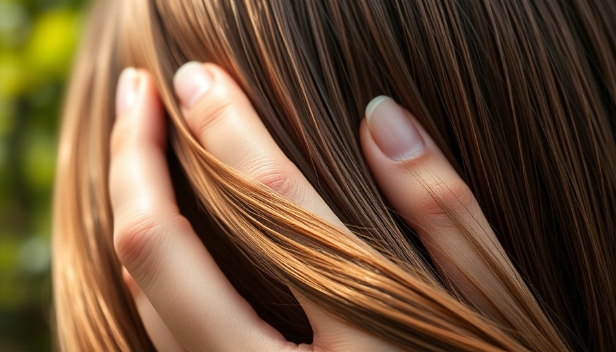 Woman's hand resting on scalp outdoors related to scalp aging faster.