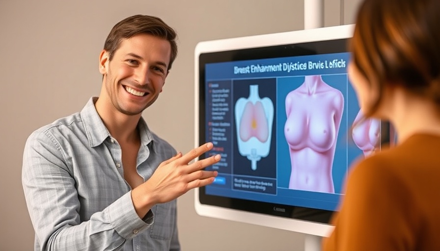 Suction breast enhancement device display with person pointing at it.