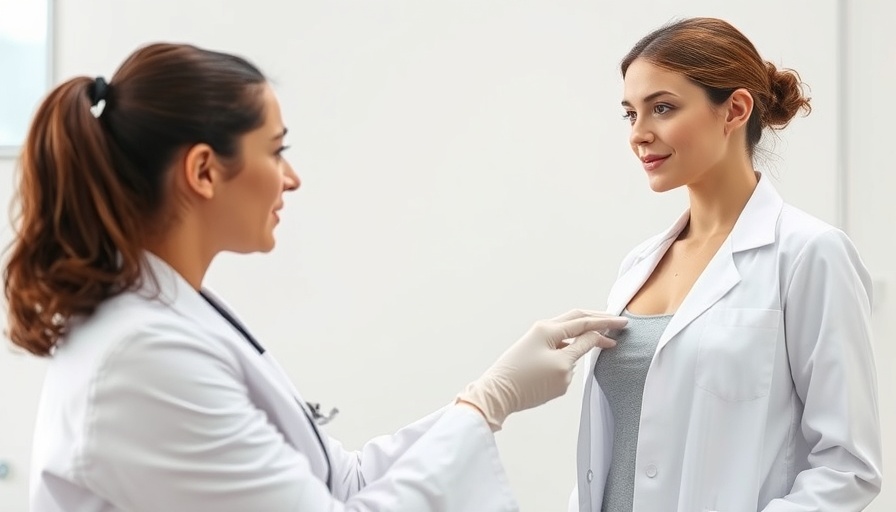 Doctor examining woman for breast reduction consultation for back pain relief.