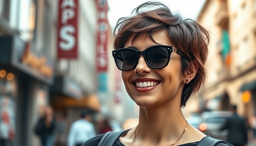 Stylish short hair woman in urban setting, Achieve Rich Mom Hair.