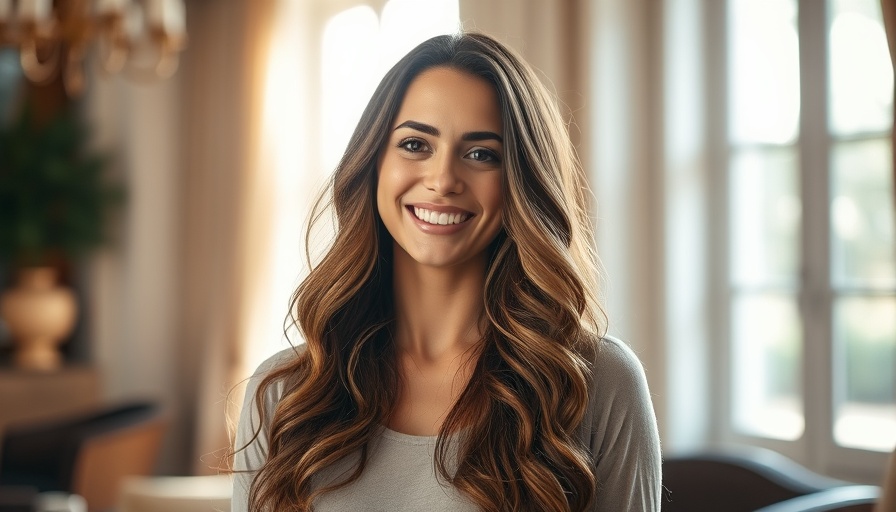 Warmly smiling woman indoors, soft lighting, elegant setting, makeup tips.