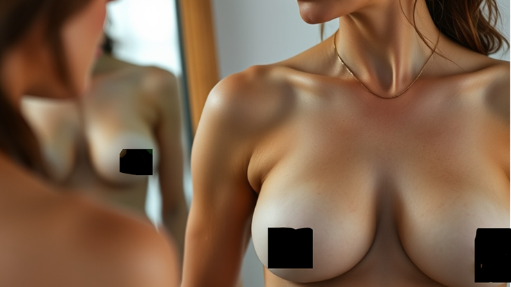 Woman with breast reconstruction scars looking in mirror as part of surgery preparation.