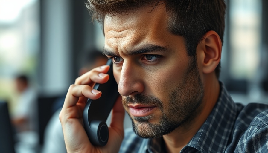 Man discussing over phone, indoor office setting, thinking expression.